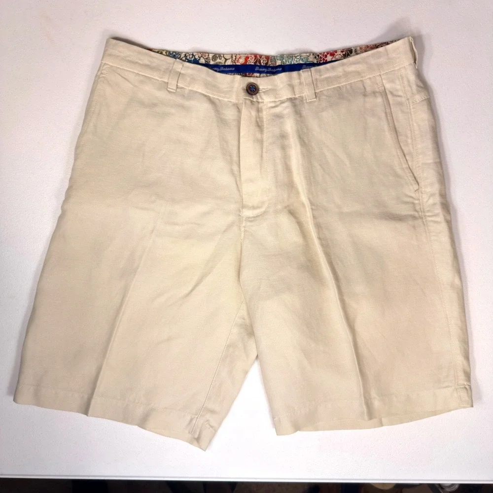 Tommy Bahama Linen Tencel Blend Flat Front Summer Resort Shorts Beige Mens 34